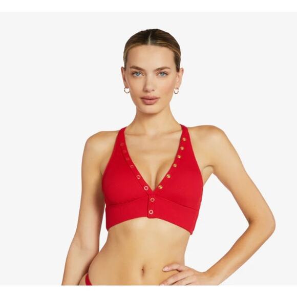 ROBIN PICCON Women's Amy Halter Swim Top Large Red Rhubarb Cross Back NWT - Picture 1 of 13